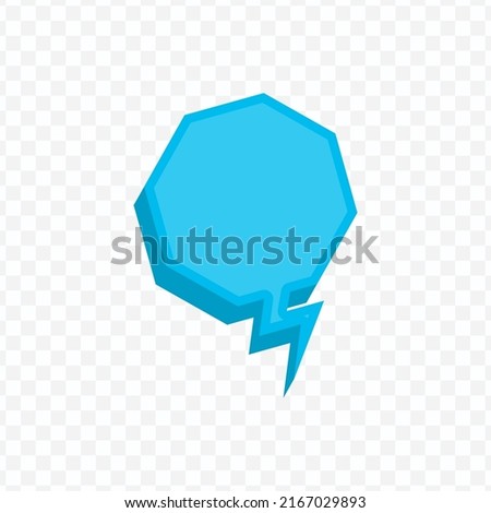 Vector illustration off blue chat bubble with octagon and lightning arrowand shape on transparent background (PNG). Creative 3D vector illustration