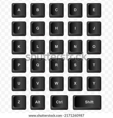 Keyboard Button, Vector illustration of Alphabet on dark color and transparent background (PNG).