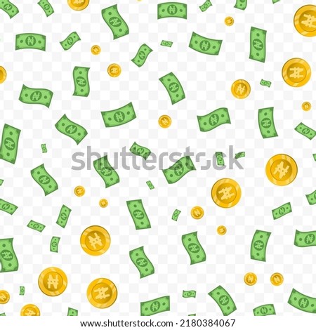 Vector illustration of Naira currency. Random pattern of banknotes and coins in green and gold colors on transparent background (PNG). 