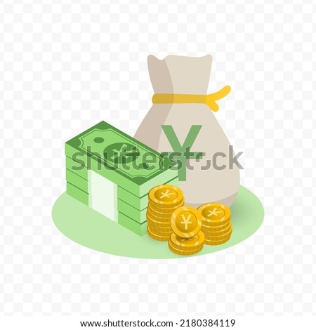 Vector illustration of Yen currency. Random pattern of banknotes and coins in green and gold colors on transparent background (PNG). 