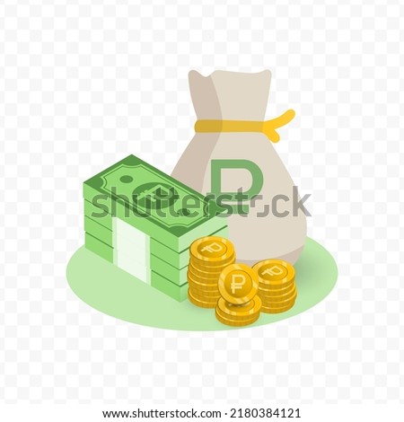 Vector illustration of Rouble currency. Random pattern of banknotes and coins in green and gold colors on transparent background (PNG). 