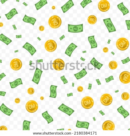Vector illustration of deutsche mark currency. Random pattern of banknotes and coins in green and gold colors on transparent background (PNG).  Stock foto © 