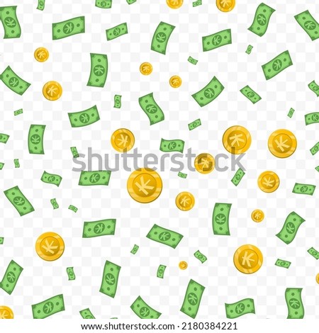 Vector illustration of Kip currency. Random pattern of banknotes and coins in green and gold colors on transparent background (PNG). 