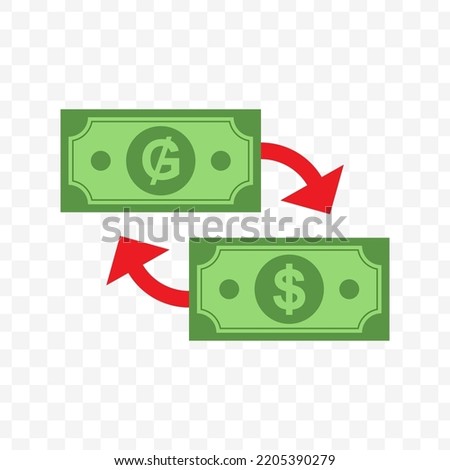 Vector illustration of exchange of dollar banknotes with Paraguayan guaraní. Simple design on a transparent background (PNG).