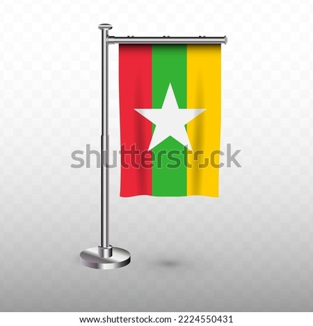 Flag of Myanmar. Vector illustration of a vertical hanging flag with flagpole on a transparent background (PNG).