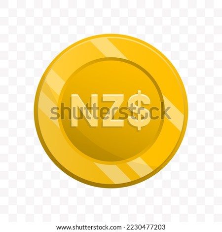 Vector illustration of New Zealand Dollar coin in gold color on transparent background (PNG).