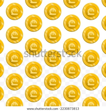 Pattern of Georgian lari coins on transparent background with mini doodle (icons) and gold color. Vector Illustration