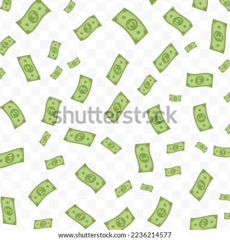 Vector illustration of UK Pound currency. Flying green banknotes on a transparent background (PNG).