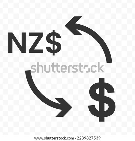 Vector illustration of dollar currency exchange with New Zealand Dollar currency. Black icon for website design .Simple design on transparent background (PNG).