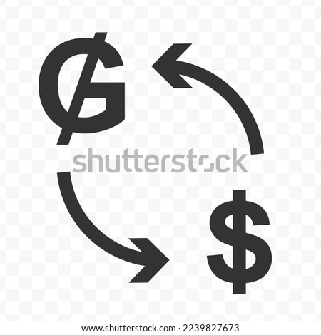 Vector illustration of dollar currency exchange with Paraguayan guaraní currency. Black icon for website design .Simple design on transparent background (PNG).