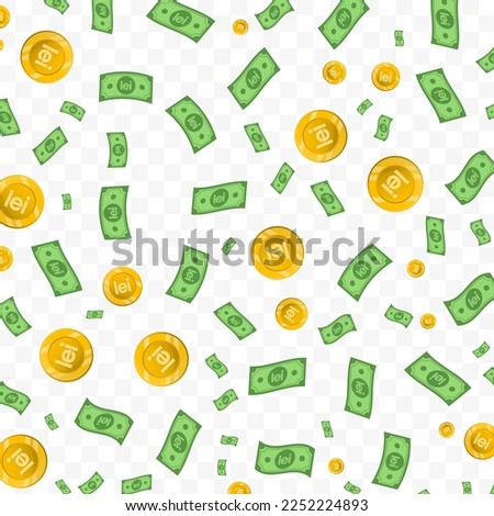 Vector illustration of romanian leu currency. Random pattern of banknotes and coins in green and gold colors on transparent background (PNG). 