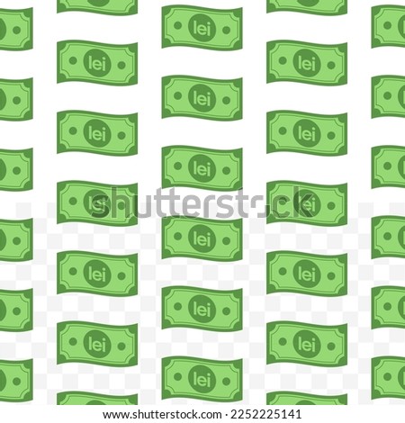 Pattern of romanian leu banknotes on transparent background with mini doodle (icon) and green color. Vector Illustration