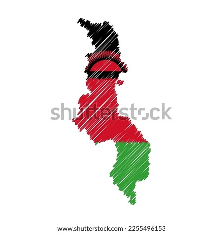 Malawi map color hand drawn sketch. Vector concept illustration flag, scribble map. Country map for infographic, brochures and presentations isolated on white background. Vector illustration.