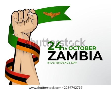 24 October. Vector illustration of Happy Independence Day greeting card for the country of Zambia with clenched fists and a flag ribbon. Use for banners on a white background.