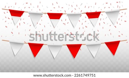 Vector illustration of the country flag of Indonesia with confetti on transparent background (PNG). hanging triangular flag for Independence Day celebration.