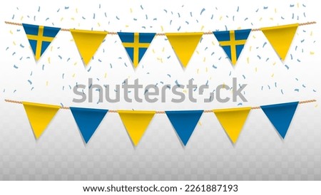 Vector illustration of the country flag of Sweden with confetti on transparent background (PNG). hanging triangular flag for Independence Day celebration.
