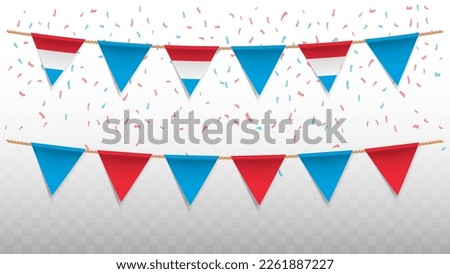 Vector illustration of the country flag of Luxembourg with confetti on transparent background (PNG). hanging triangular flag for Independence Day celebration.