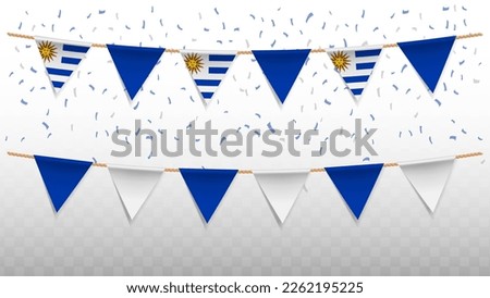 Vector illustration of the country flag of Uruguay with confetti on transparent background (PNG). hanging triangular flag for Independence Day celebration.