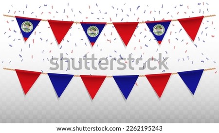 Vector illustration of the country flag of Belize with confetti on transparent background (PNG). hanging triangular flag for Independence Day celebration.