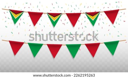 Vector illustration of the country flag of Guyana with confetti on transparent background (PNG). hanging triangular flag for Independence Day celebration.