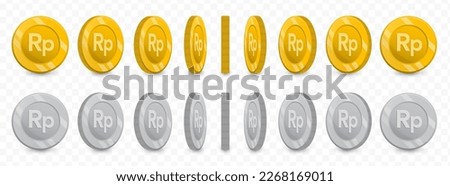 Vector illustration of a collection of Indonesian Rupiah currency coins in gold colors and grayscale isolated on transparent background (PNG).