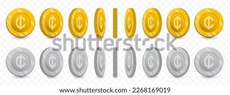 Vector illustration of a collection of Ghanaian cedi currency coins in gold colors and grayscale isolated on transparent background (PNG).