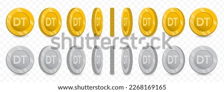 Vector illustration of a collection of Tunisia Dinar currency coins in gold colors and grayscale isolated on transparent background (PNG).