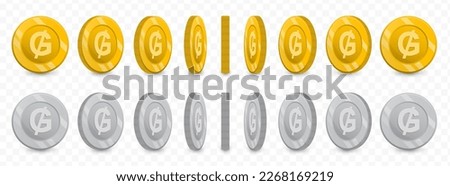 Vector illustration of a collection of Paraguayan guaraní currency coins in gold colors and grayscale isolated on transparent background (PNG).