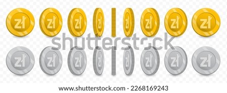 Vector illustration of a collection of Polish Zloty currency coins in gold colors and grayscale isolated on transparent background (PNG).