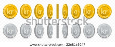 Vector illustration of a collection of Danish Krone currency coins in gold colors and grayscale isolated on transparent background (PNG).