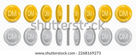 Vector illustration of a collection of deutsche mark  currency coins in gold colors and grayscale isolated on transparent background (PNG).