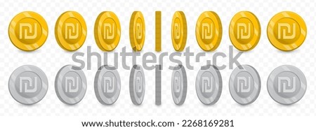 Vector illustration of a collection of Israeli new shekel currency coins in gold colors and grayscale isolated on transparent background (PNG).