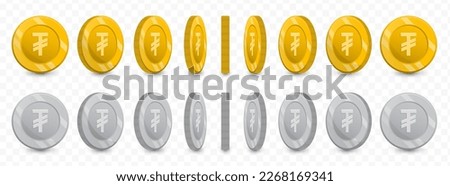 Vector illustration of a collection of Mongolian Tugrik currency coins in gold colors and grayscale isolated on transparent background (PNG).