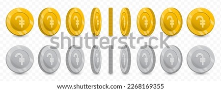 Vector illustration of a collection of Armenian dram currency coins in gold colors and grayscale isolated on transparent background (PNG).