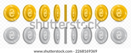 Vector illustration of a collection of Ukrainian hryvnia currency coins in gold colors and grayscale isolated on transparent background (PNG).