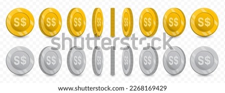 Vector illustration of a collection of Singapore Dollar currency coins in gold colors and grayscale isolated on transparent background (PNG).