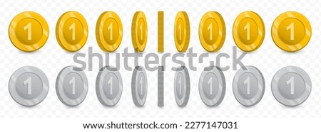 Vector illustration of a collection of Number 1 coins in gold colors and grayscale isolated on transparent background (PNG).