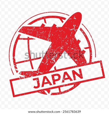 Red aviation stamp of the country of Japan. Vector illustration with grunge effect on transparent background (PNG).