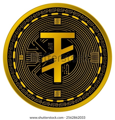 Vector of Mongolian Tugrik Digital Currency in gold and black colors on a white background.