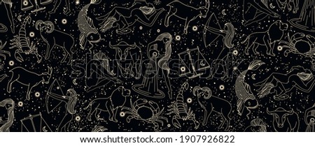 Seamless pattern - signs of the zodiac. Gold illustration of astrological signs on a dark background. Magical illustrations of women and animals in the starry sky.