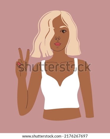 A woman shows a sign of peace. Pretty blonde; white top on a woman; young girl with caret; Fancy Hairstyle; vector illustration. Retro style. Summer fashion. Portrait of a young woman.