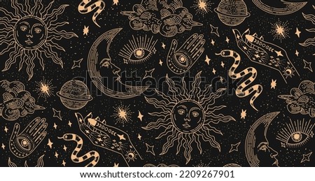Seamless pattern with magical elements. Set of linear vector illustrations. Celestial illustrations depicting the sun, moon, planet, clouds. design elements for decoration in a modern style.
