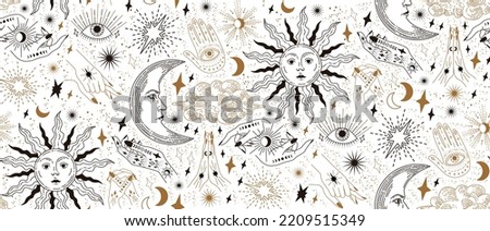 Seamless pattern with magical elements. Set of linear vector illustrations. Celestial illustrations depicting the sun, moon, planet, clouds. design elements for decoration in a modern style. Mystical 