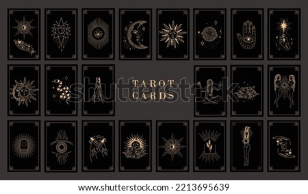 Collection of magical illustrations. Tarot cards. Set of linear vector illustrations. Hand drawn celestial illustrations depicting sun, moon, planet. design elements for decoration in a modern style. 