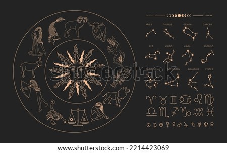 Star signs of the zodiac. vector illustration. Astrological drawing of the constellations. on a black background. planet designs. Read the natal chart. magic illustration. Astrological forecast. 