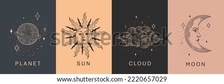 Set of linear vector illustrations. Hand drawn celestial illustrations featuring sun, moon, planet, clouds. design elements for decoration in a modern style. Drawings for social media posts, stories.