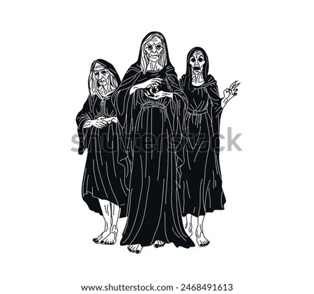 Vector illustration of forkiads. Three blind old women. Mythical creature. One eye for three. Fantastic character. archaic goddesses. Ancient Greek mythology. Blind Witches