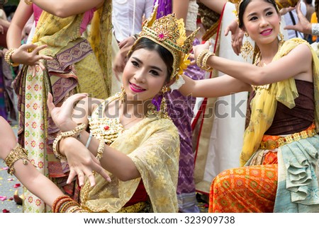 BANGKOK, THAILAND - OCTOBER 4: Thai traditional dance. \
This is the parade of making traditional merit of people from the northern \
territory of Thailand, October 4, 2015 in Bangkok, Thailand.