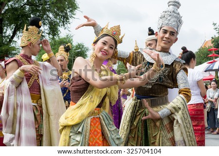 BANGKOK, THAILAND - OCTOBER 4: Thai traditional dance. \
This is the parade of making traditional merit of people from the northern \
territory of Thailand, October 4, 2015 in Bangkok, Thailand.
