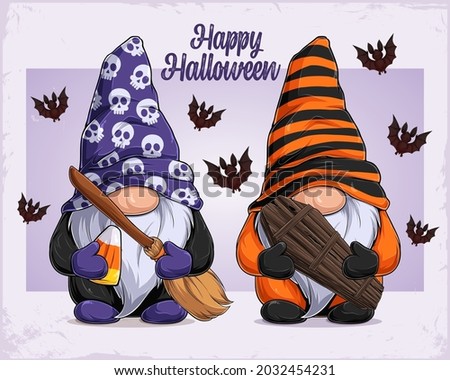 Hand drawn cute gnomes in Halloween disguise holding witch broom and coffin happy Halloween text